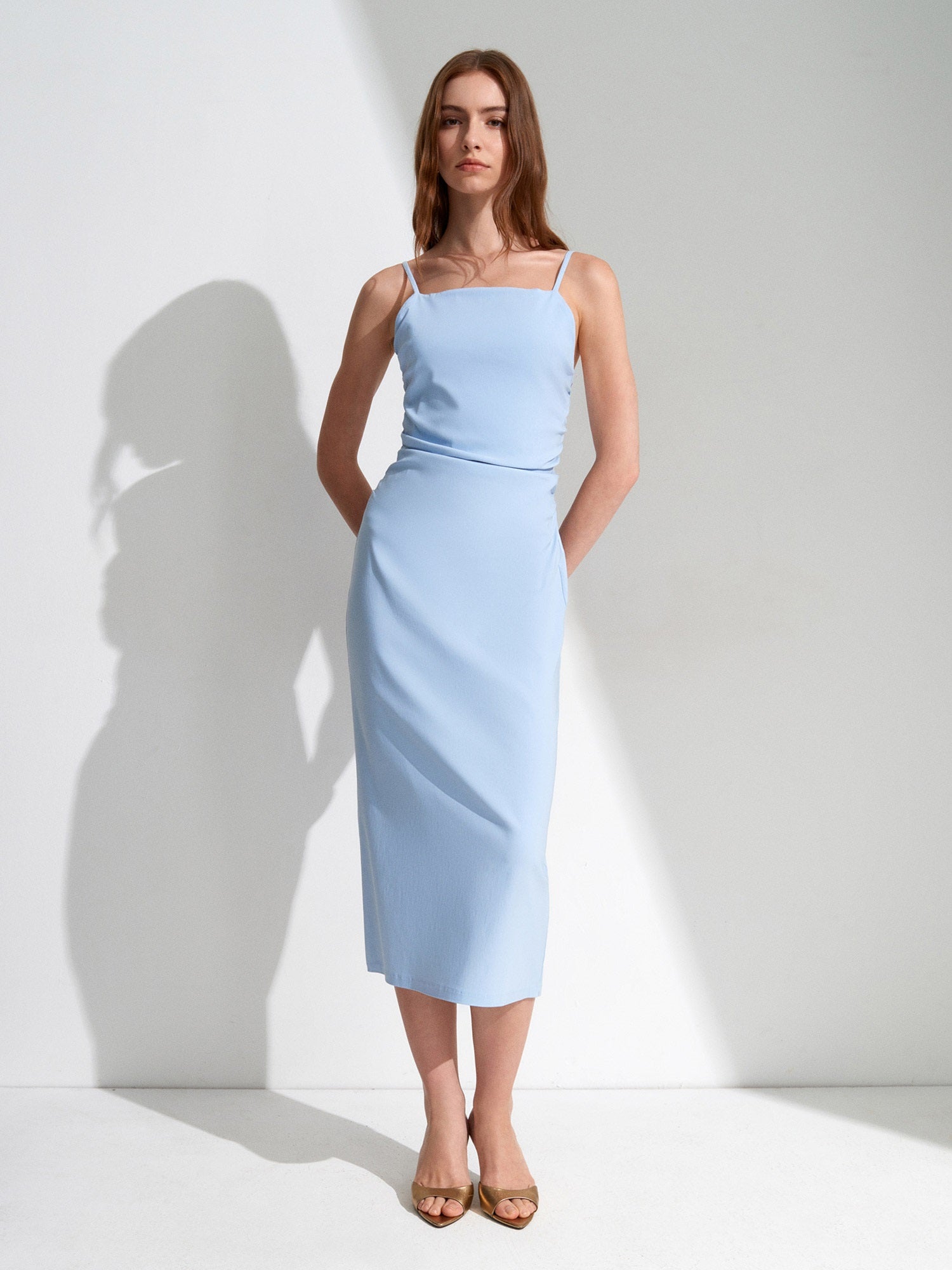 Gathered Side-Slit Midi Dress