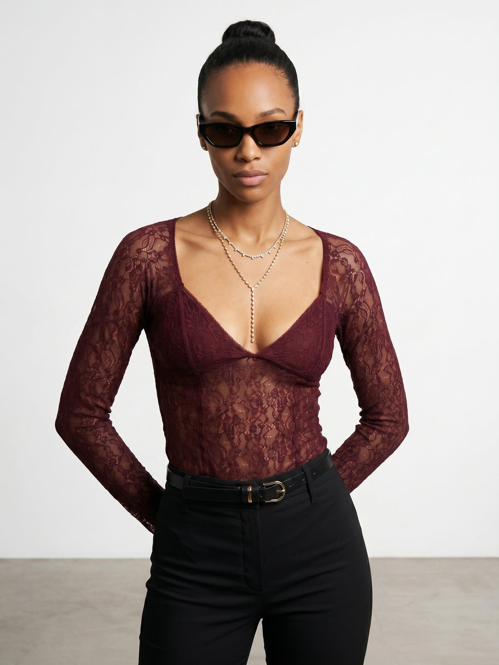 Striped Lace Long-Sleeve Top — Claret