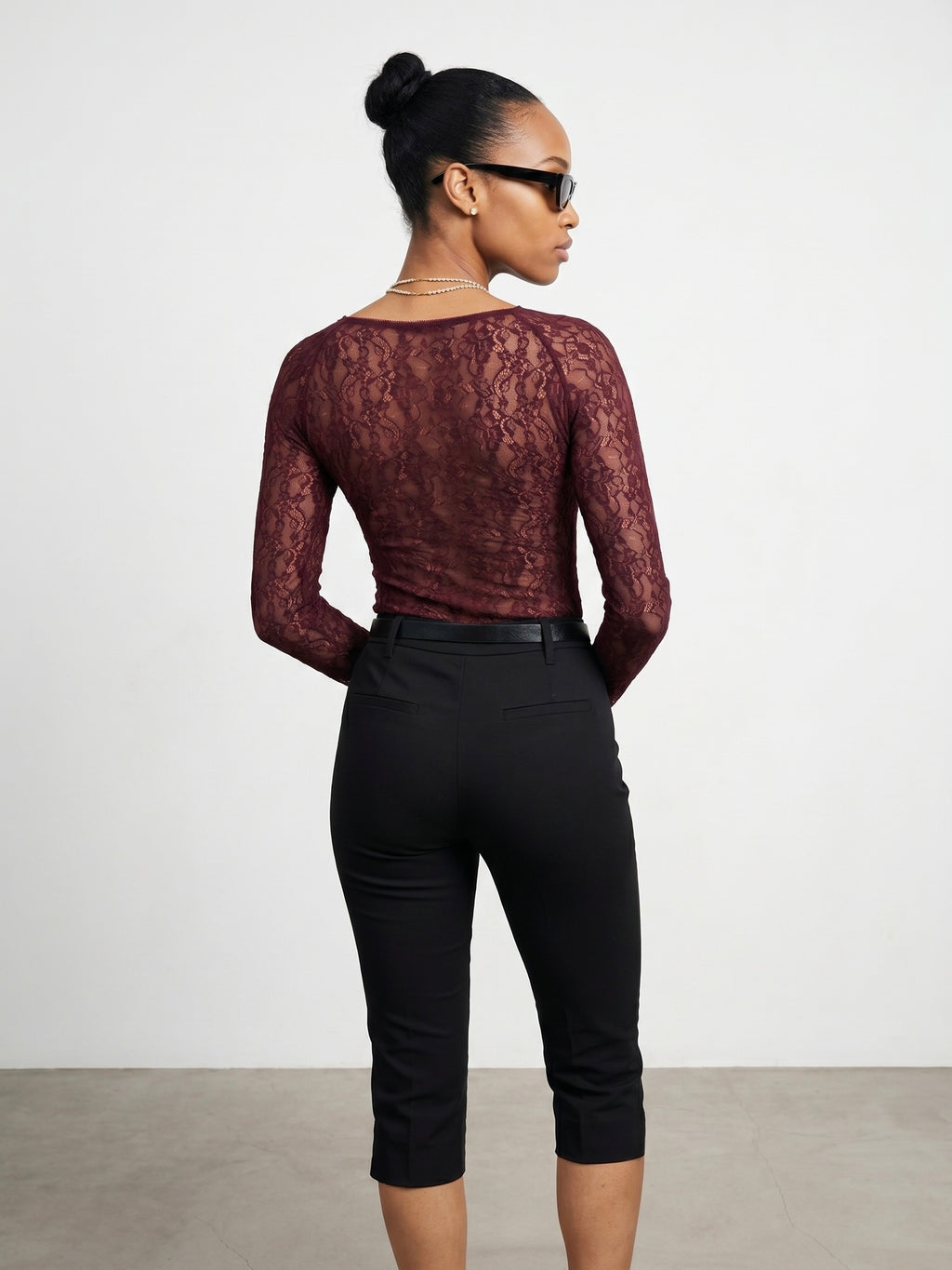 Striped Lace Long-Sleeve Top — Claret