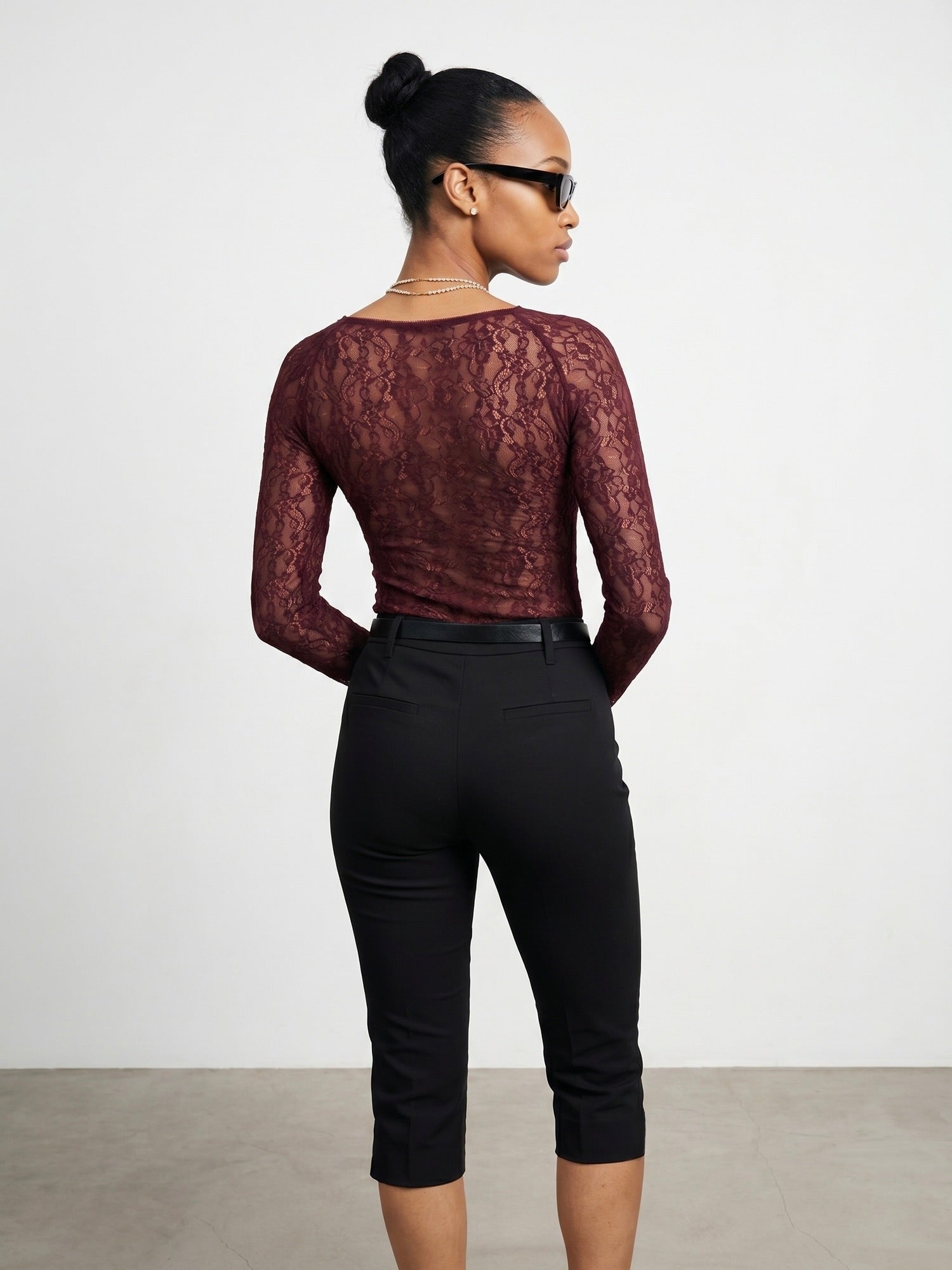 Striped Lace Long-Sleeve Top — Claret