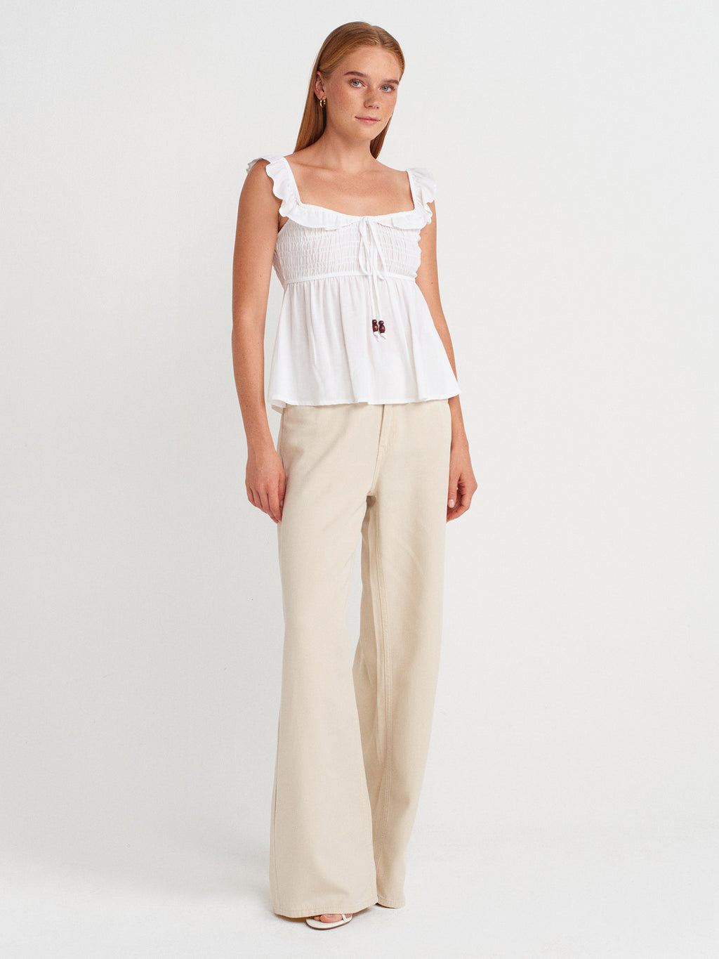 Ruffled Linen-Blend Blouse — White