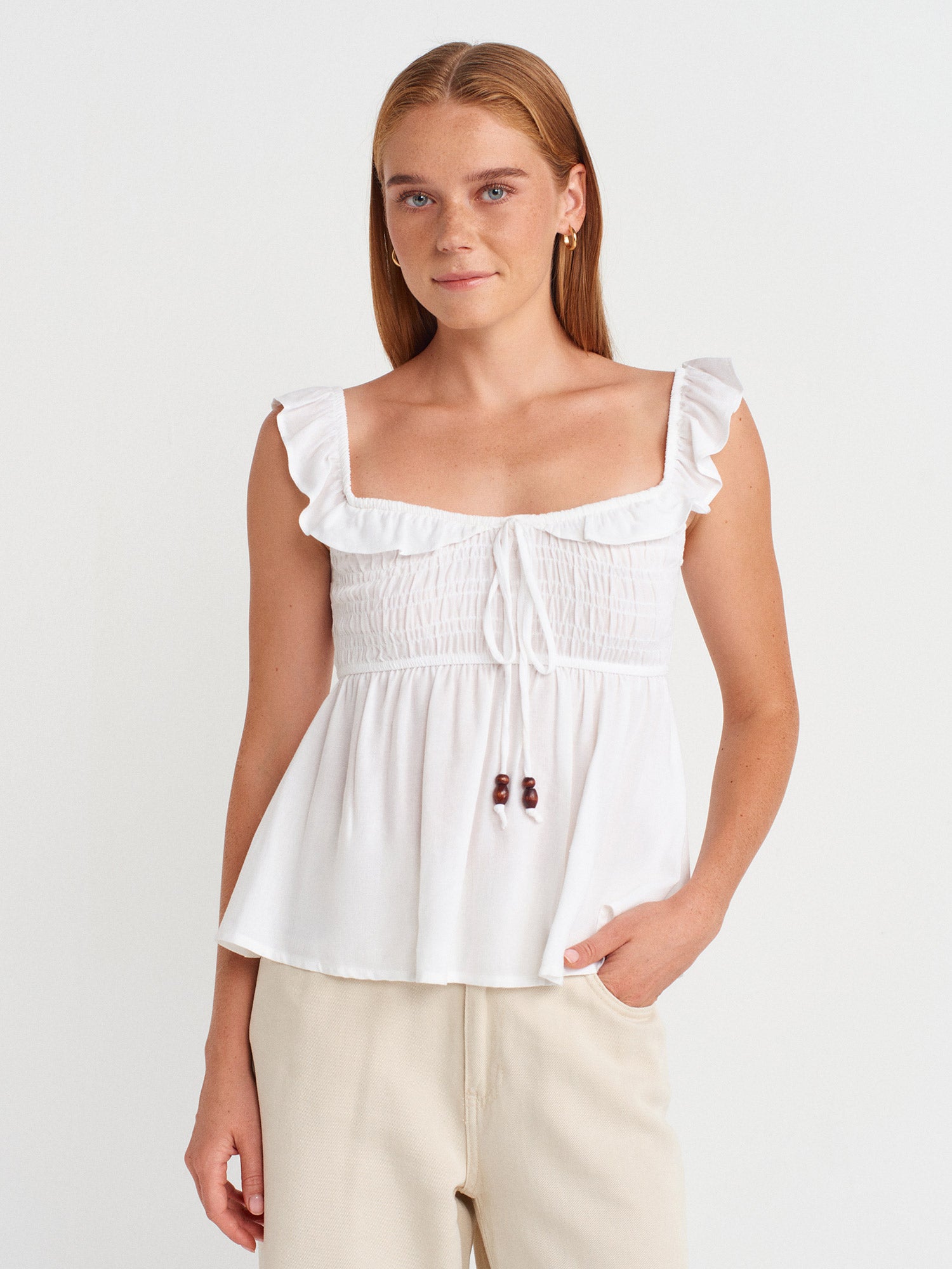 Ruffled Linen-Blend Blouse — White