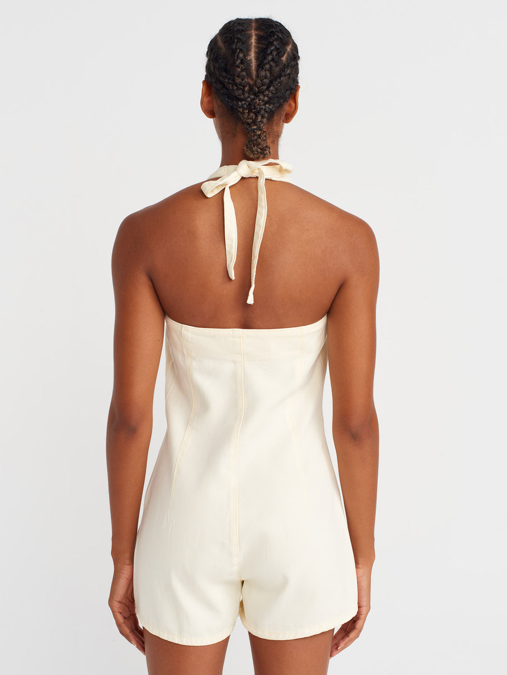 Tie-Neck Denim Romper — Marigold