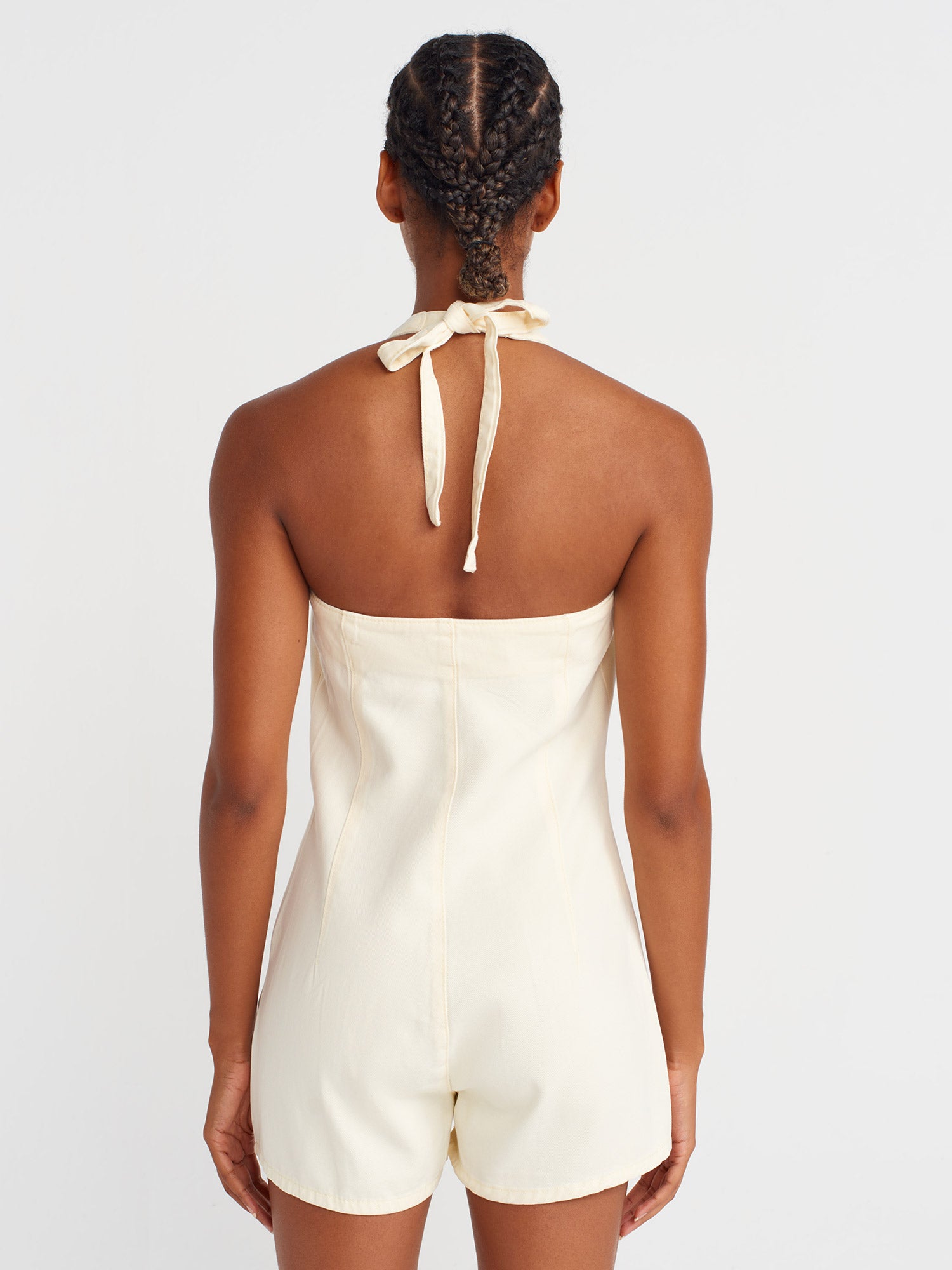 Tie-Neck Denim Romper — Marigold