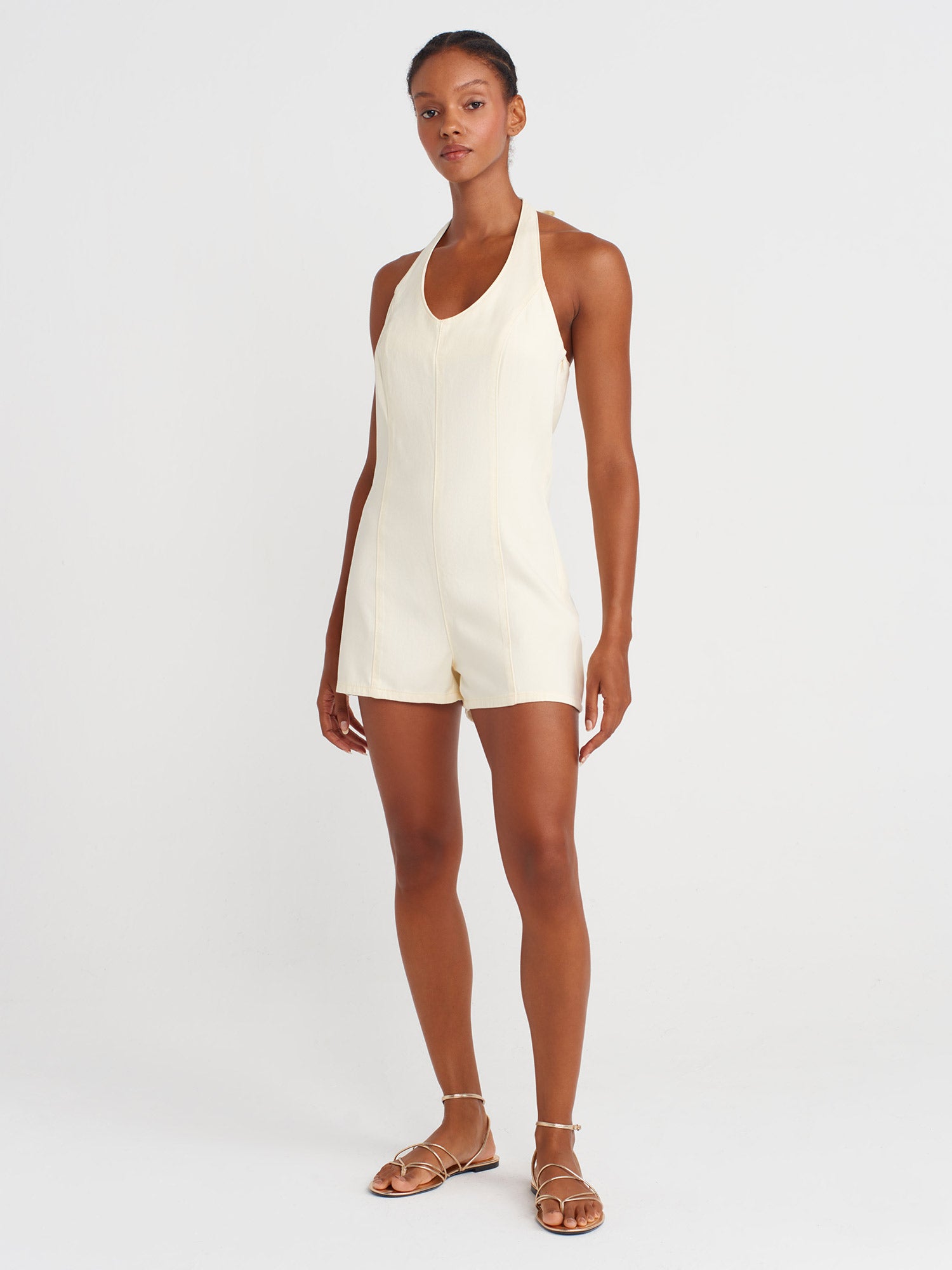 Tie-Neck Denim Romper — Marigold