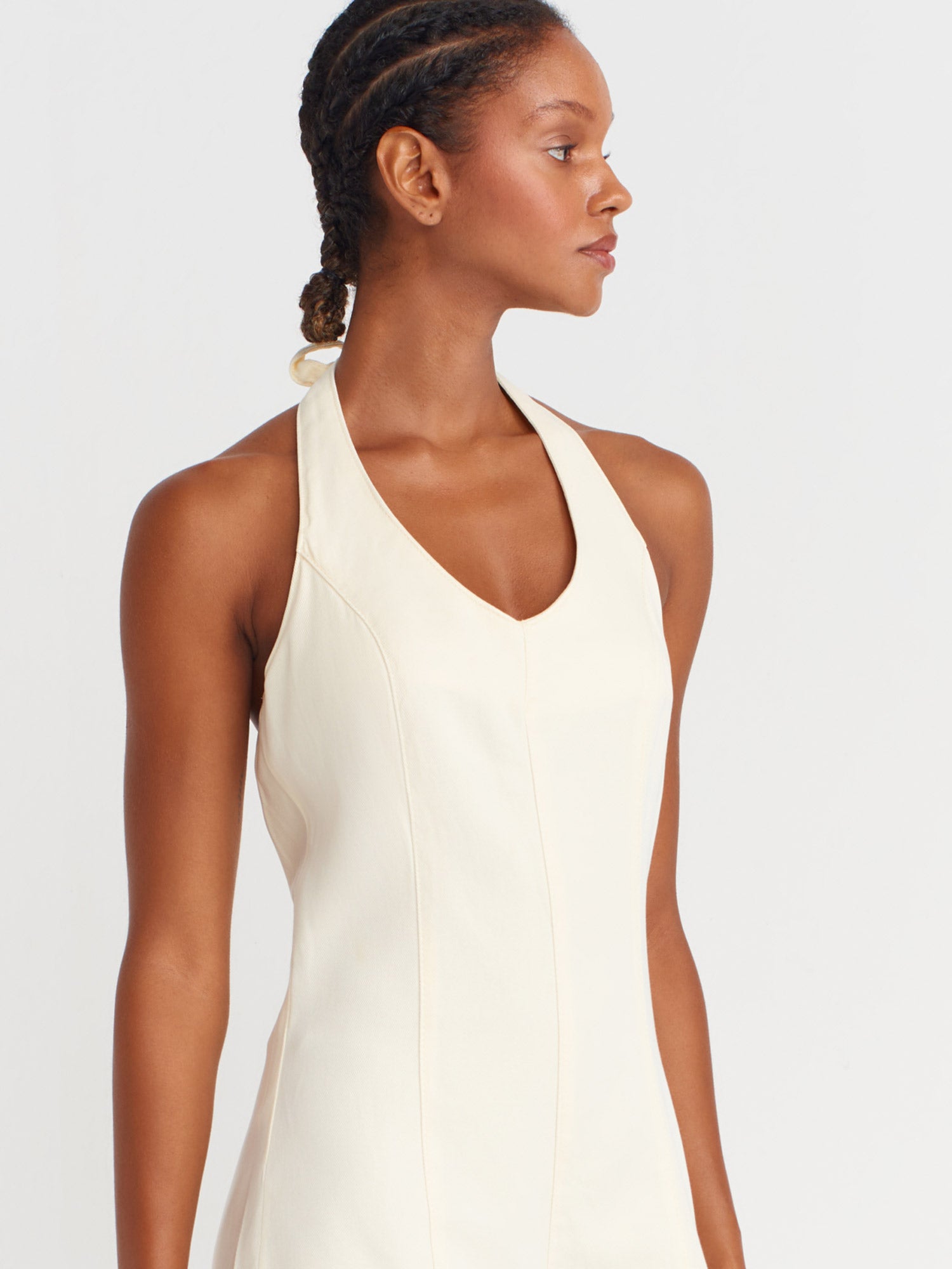 Tie-Neck Denim Romper — Marigold
