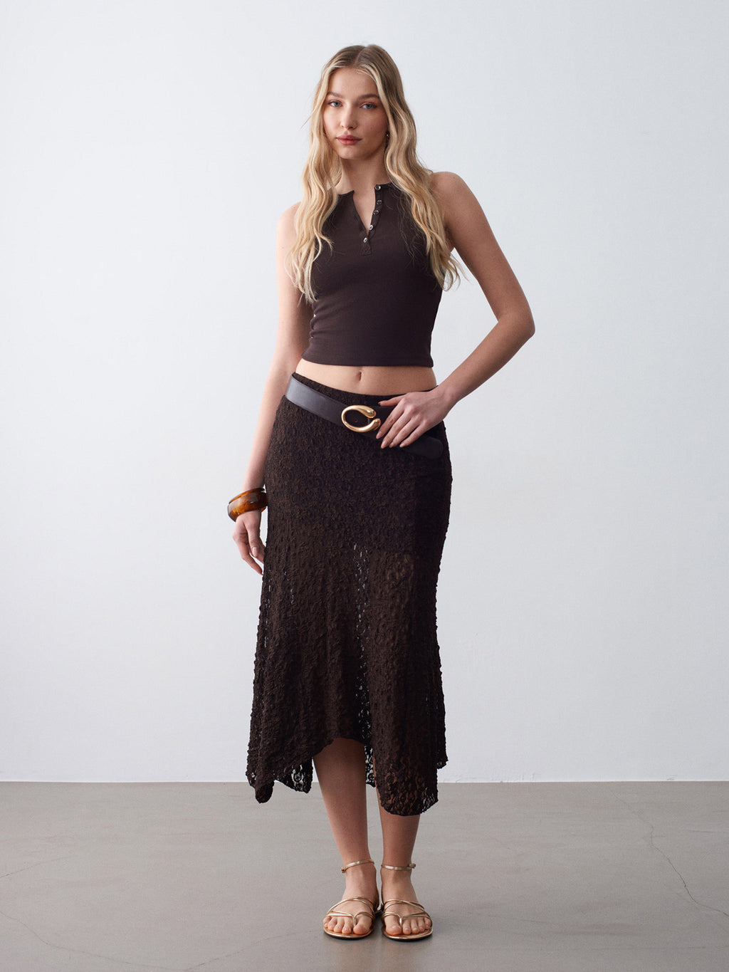 Allover Lace Midi Skirt — Espresso