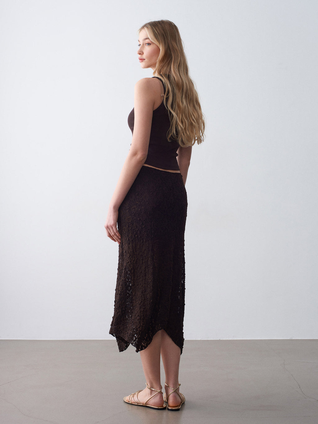Allover Lace Midi Skirt — Espresso