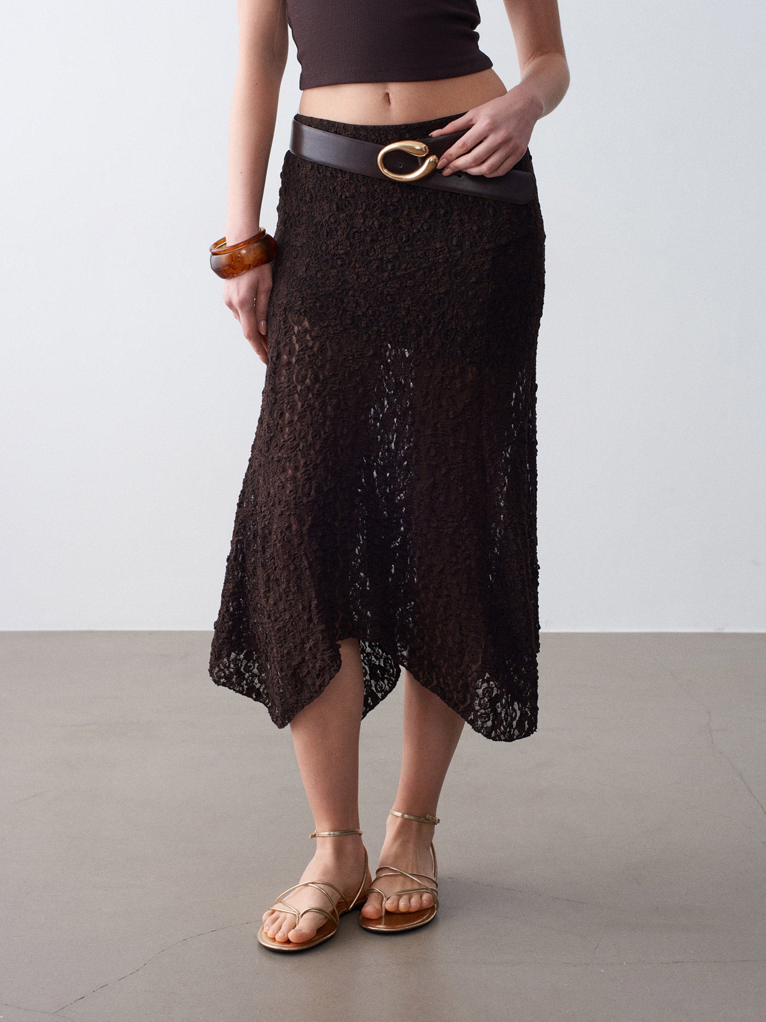 Allover Lace Midi Skirt — Espresso