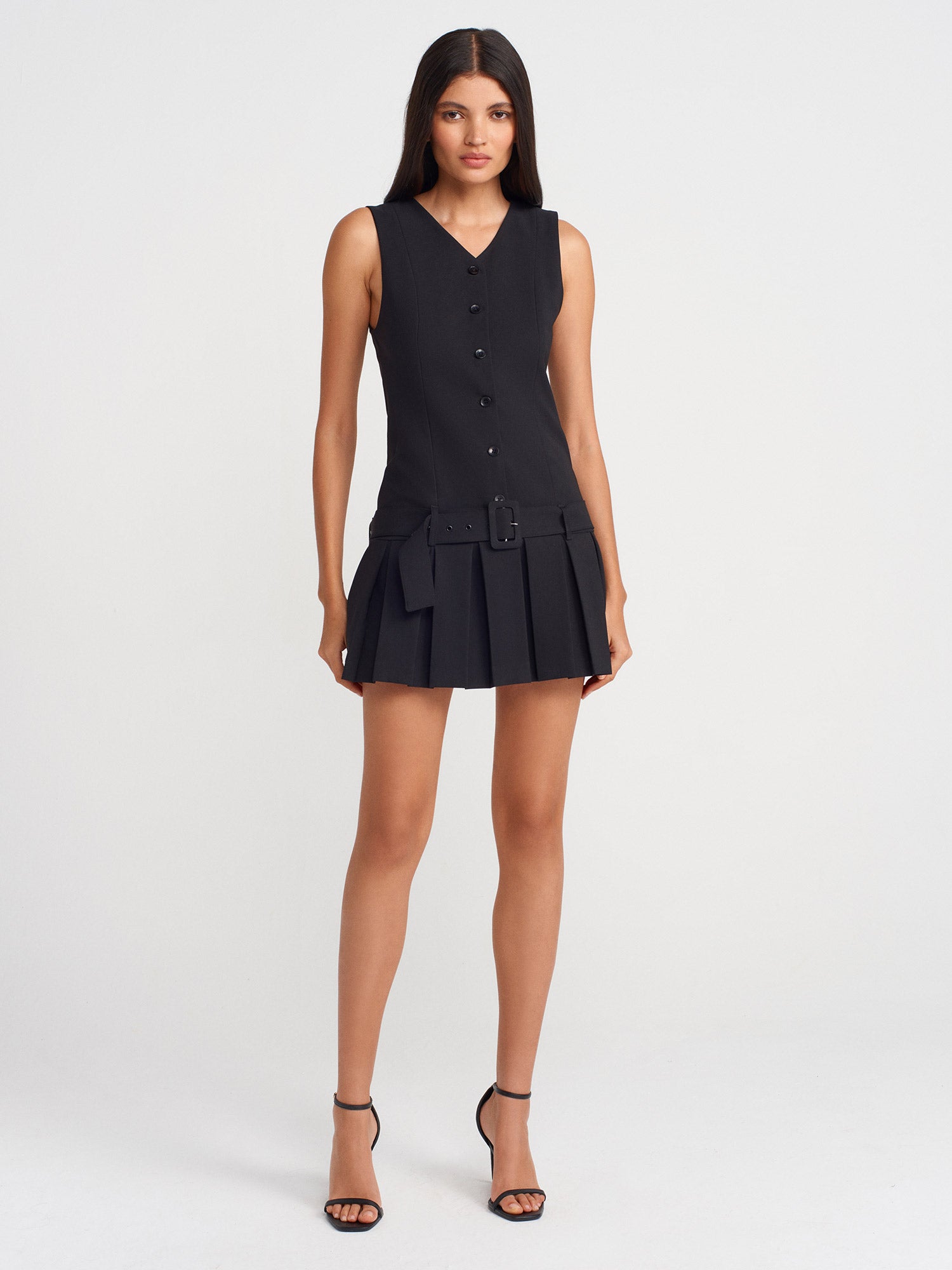 Pleated Mini Dress — Black