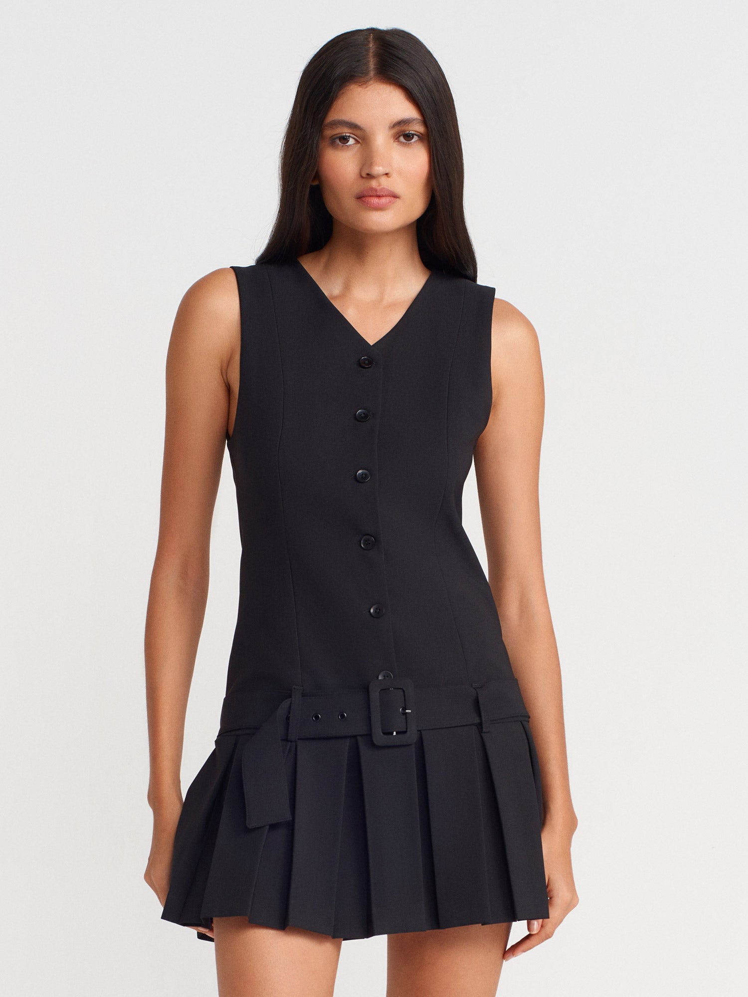 Pleated Mini Dress — Black