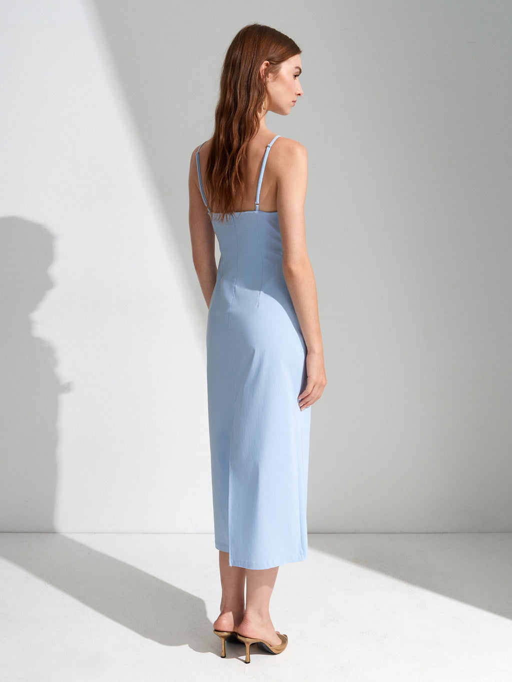 Gathered Side-Slit Midi Dress — Sky Blue