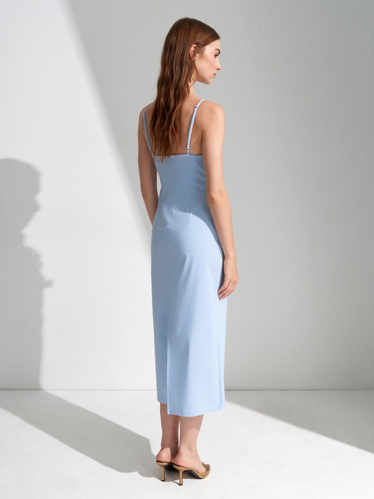 Gathered Side-Slit Midi Dress — Sky Blue