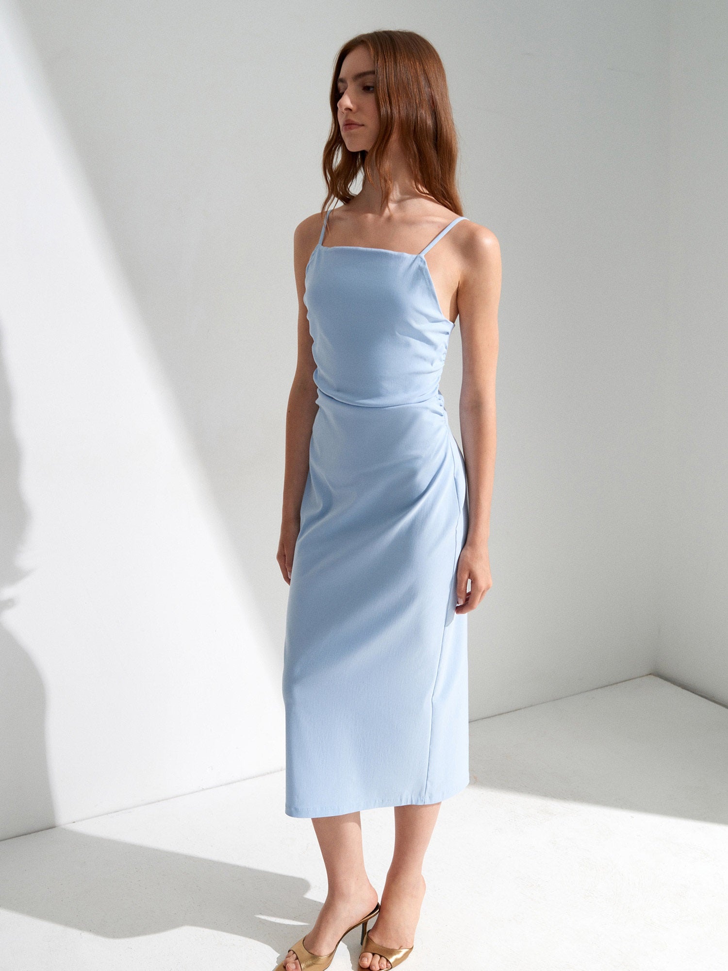 Gathered Side-Slit Midi Dress — Sky Blue