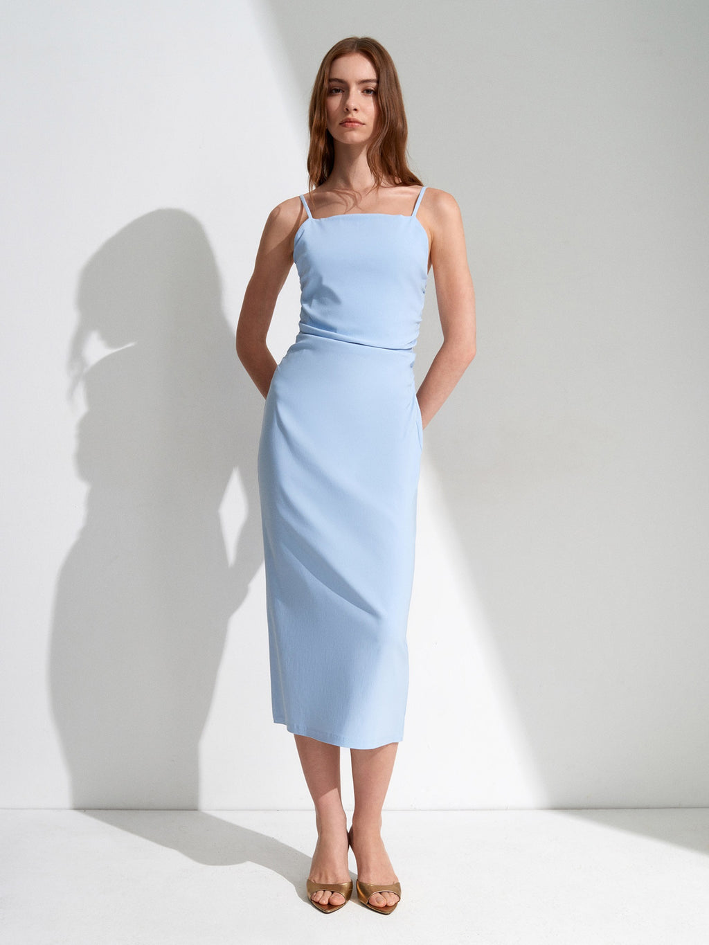 Gathered Side-Slit Midi Dress — Sky Blue
