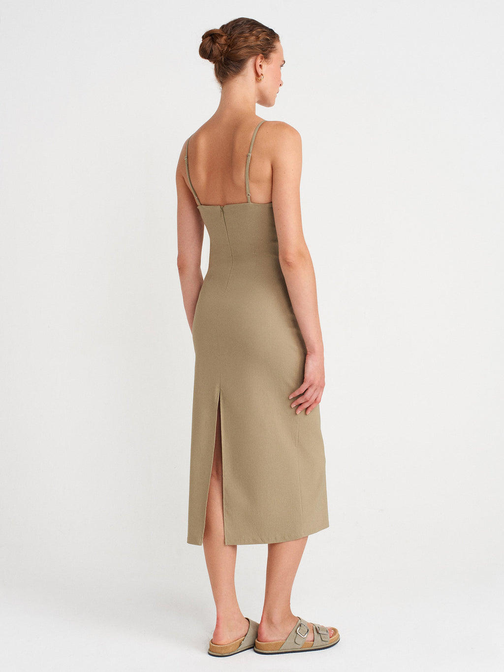 Gathered Side-Slit Midi Dress — Sage