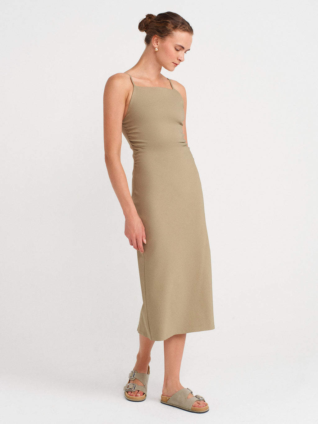 Gathered Side-Slit Midi Dress — Sage