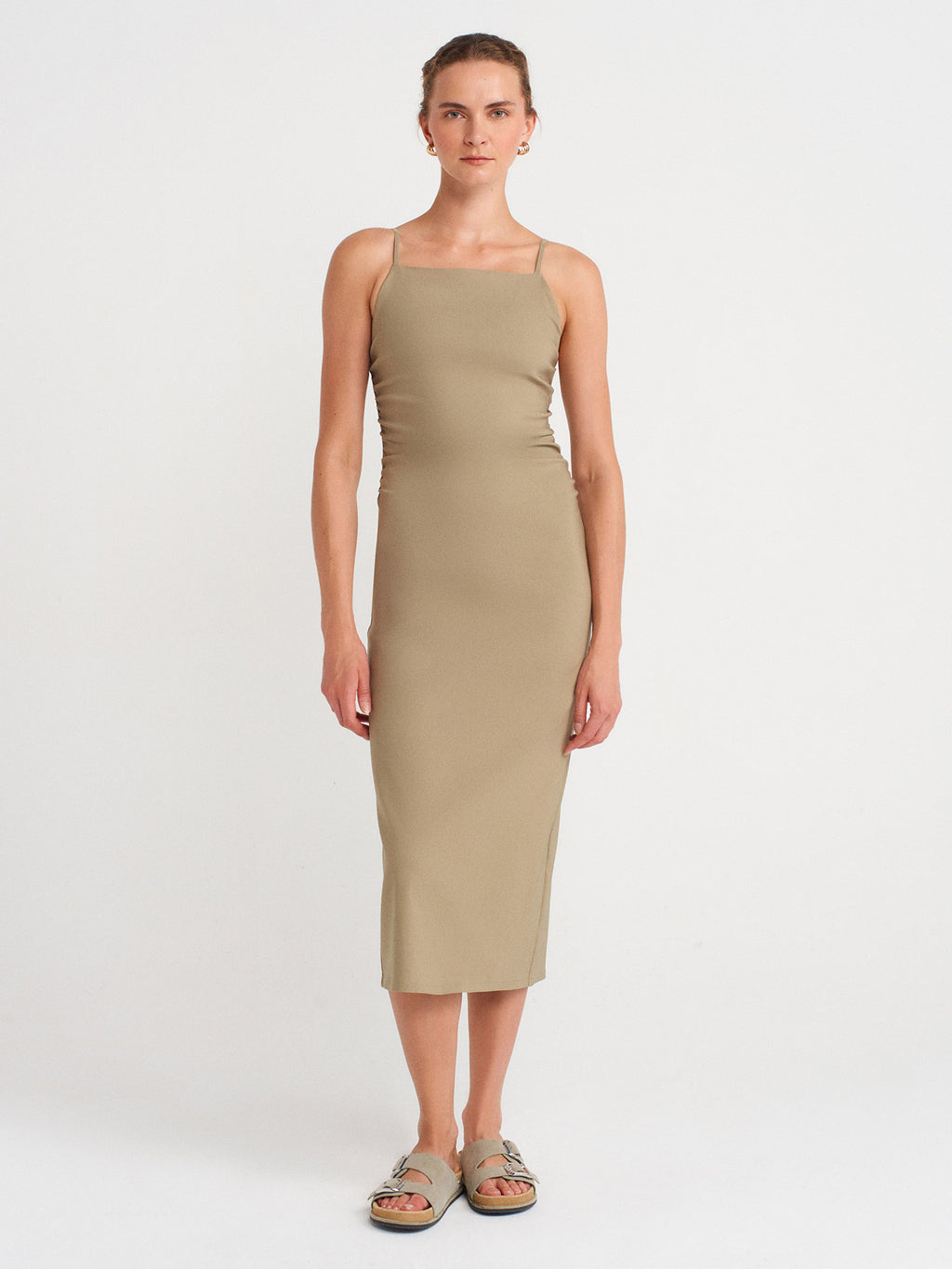 Gathered Side-Slit Midi Dress — Sage